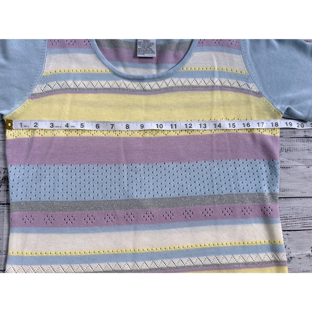 Sag Harbor Knit Top Women Pastel Striped Pointelle Metallic Short Sleeve Size M - Picture 5 of 6
